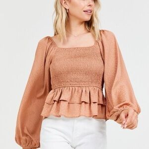 Arula Terracotta Smocked Peplum Long Sleeve Top